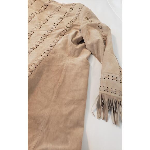 Newport News Tan Genuine Suede Fringe Coat Jacket Duster Western Boho sz 1X - Picture 10 of 16